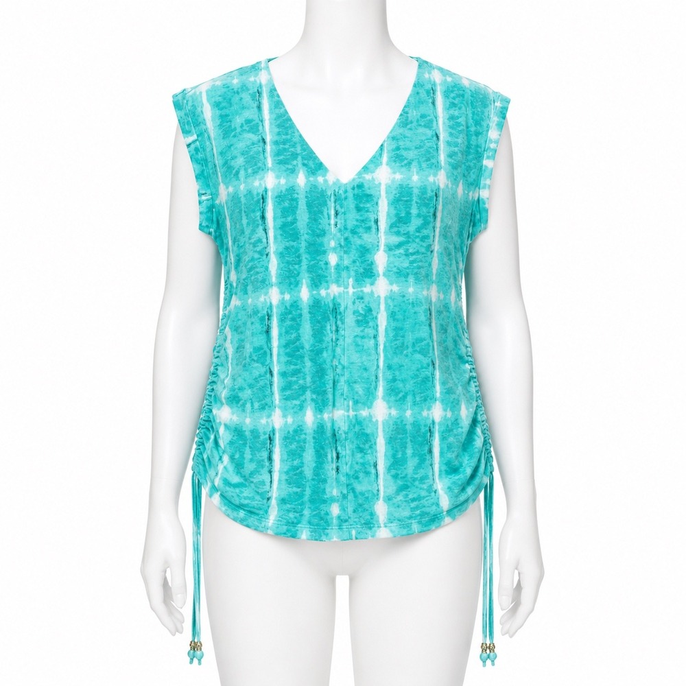 INC International Concepts Top Womens‎ XS Teal Tie Dye V-Neck Ruched Side Cinch